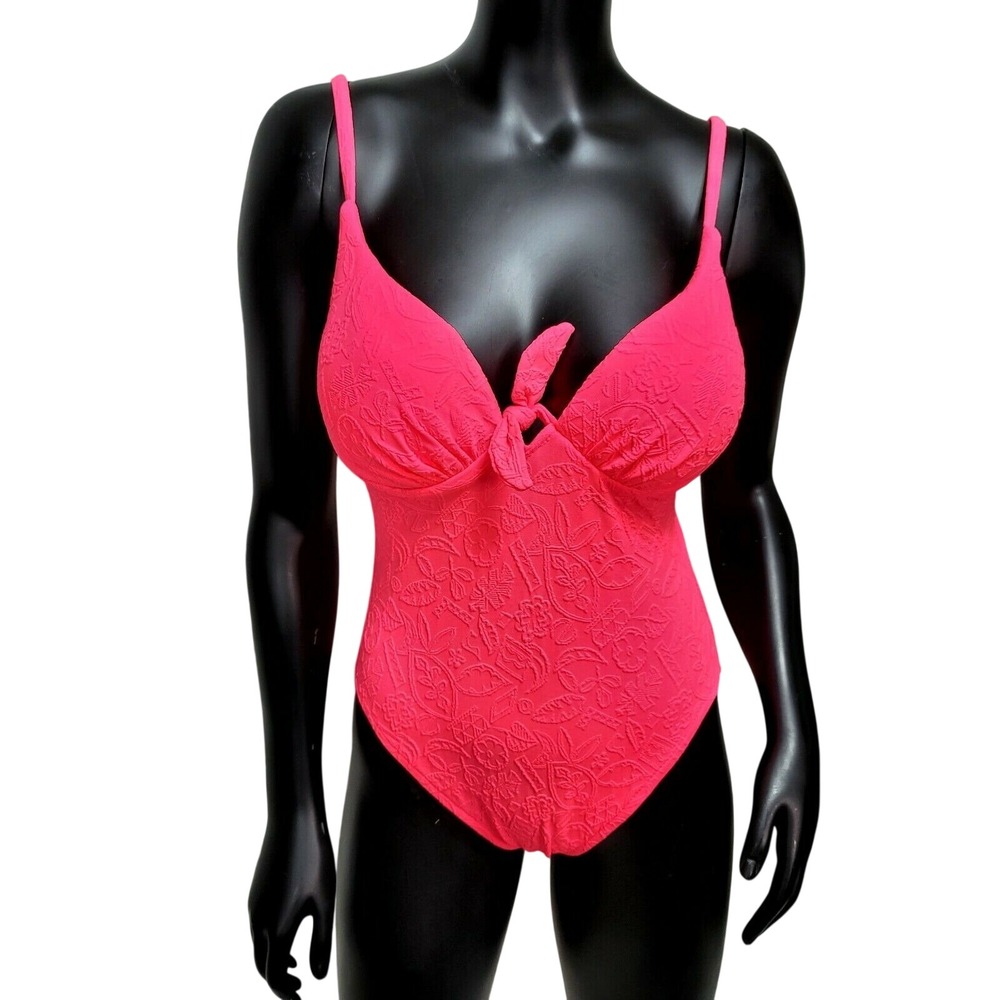 Pacific Connections Vintage 90s Neon Pink Floral Jacquard Underwire 1pc Swimsuit